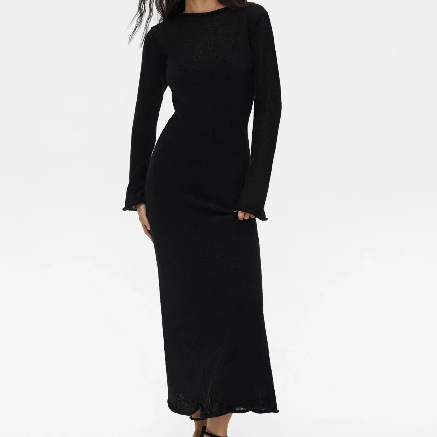 Chic Knitted Two-Piece Dress Set for Women – Long O-Neck Sweater & Camisole Skirt Ensemble