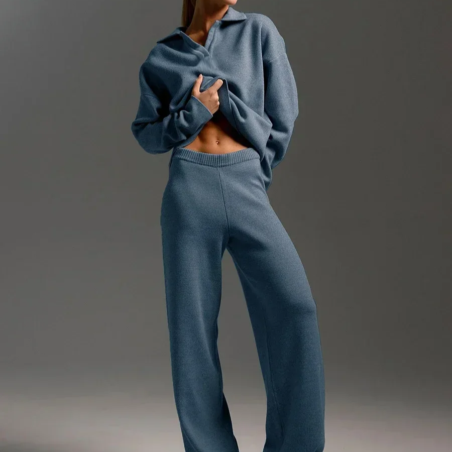 Women's Winter 2-Piece Knit Set – Polo Neck Sweater and Wide Leg Pants Lounge Outfit for Cold Weather