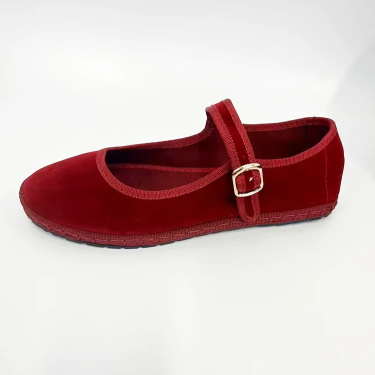 Velvet Canvas Mary Jane Flats – Hand-Stitched Casual Ballet Shoes for Women