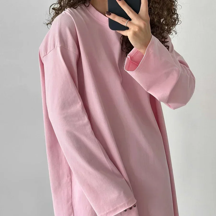 Women's Long Sleeve Cotton T-Shirt – Solid Color Casual Loose Fit Basic Top