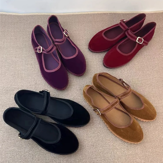 Velvet Canvas Mary Jane Flats – Hand-Stitched Casual Ballet Shoes for Women