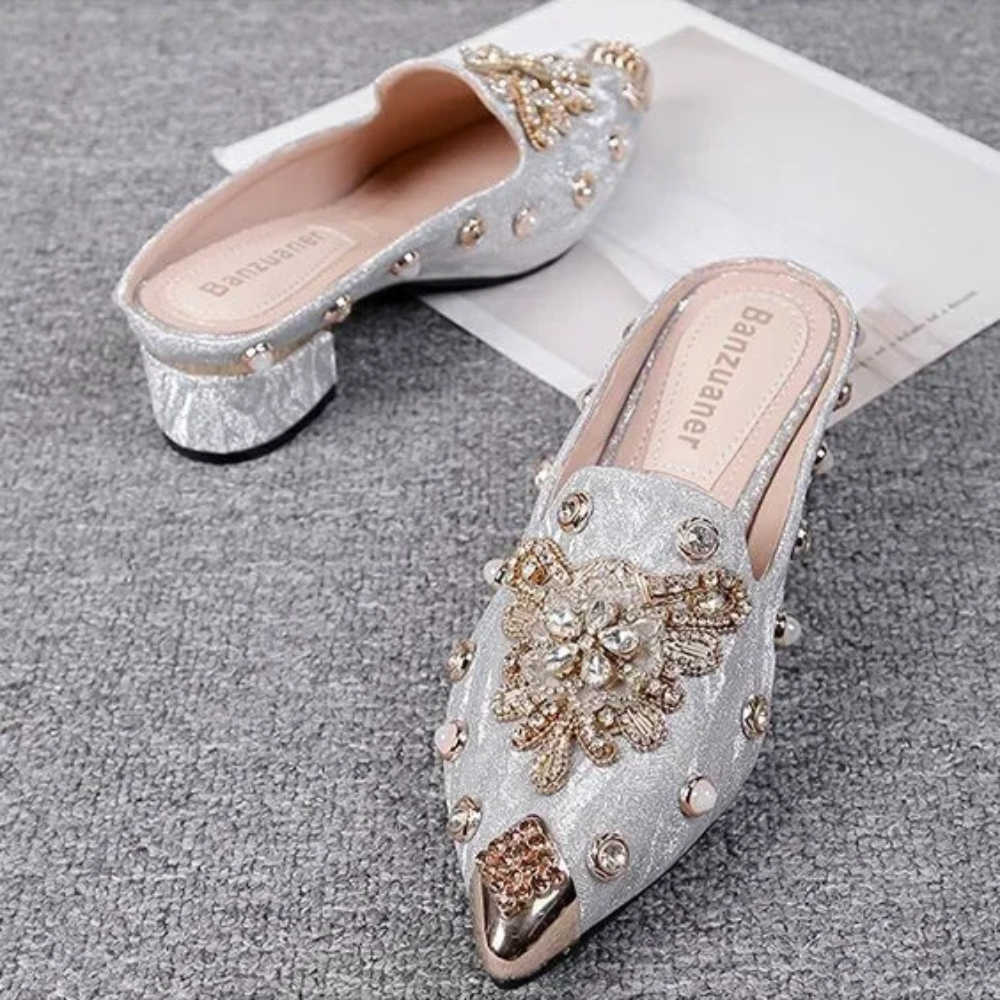 Women’s Rhinestone Mules – Elegant Summer Slip-On Sandals with Square Heels, Luxury Mirror Design for Parties and Fashion Outfits