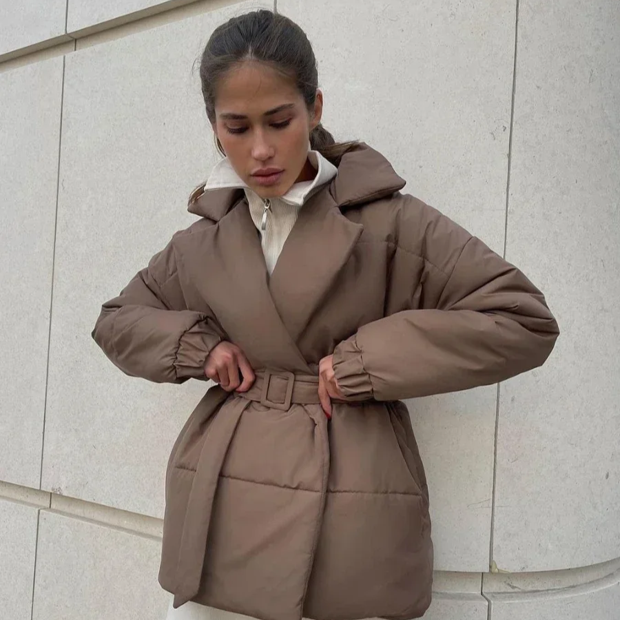 Women's Cotton Puffer Jacket – Belted Quilted Parka Coat for Winter, Warm Vintage-Inspired Outerwear