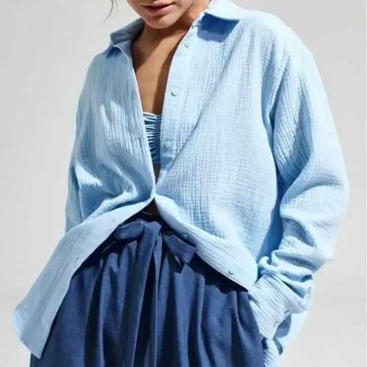 Women's 100% Cotton Long Sleeve Crepe Shirt – Casual Office Style Button-Up Top