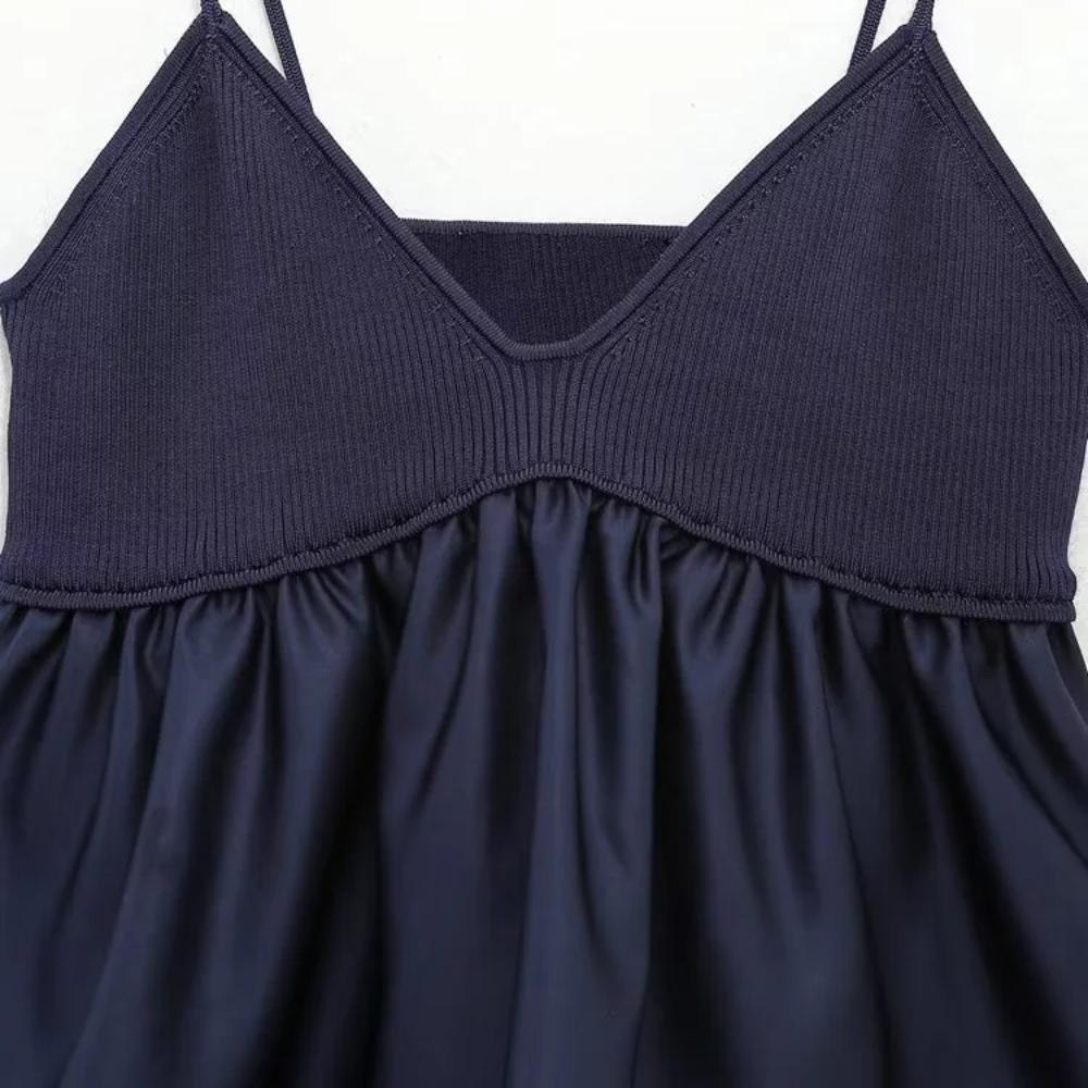 V-Neck Slim Fit Sleeveless Blouse – Knitted Patchwork Hem with Pleated Smock Detail