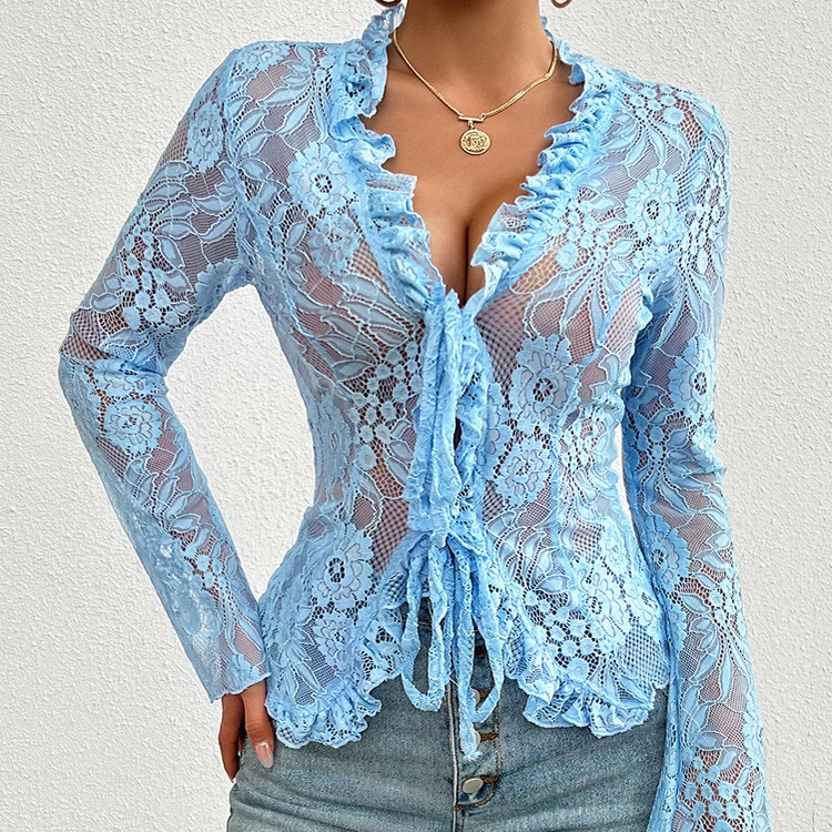 Women's Sheer Lace Long Sleeve V-Neck Blouse – Summer Sexy See-through Top with Flare Sleeves