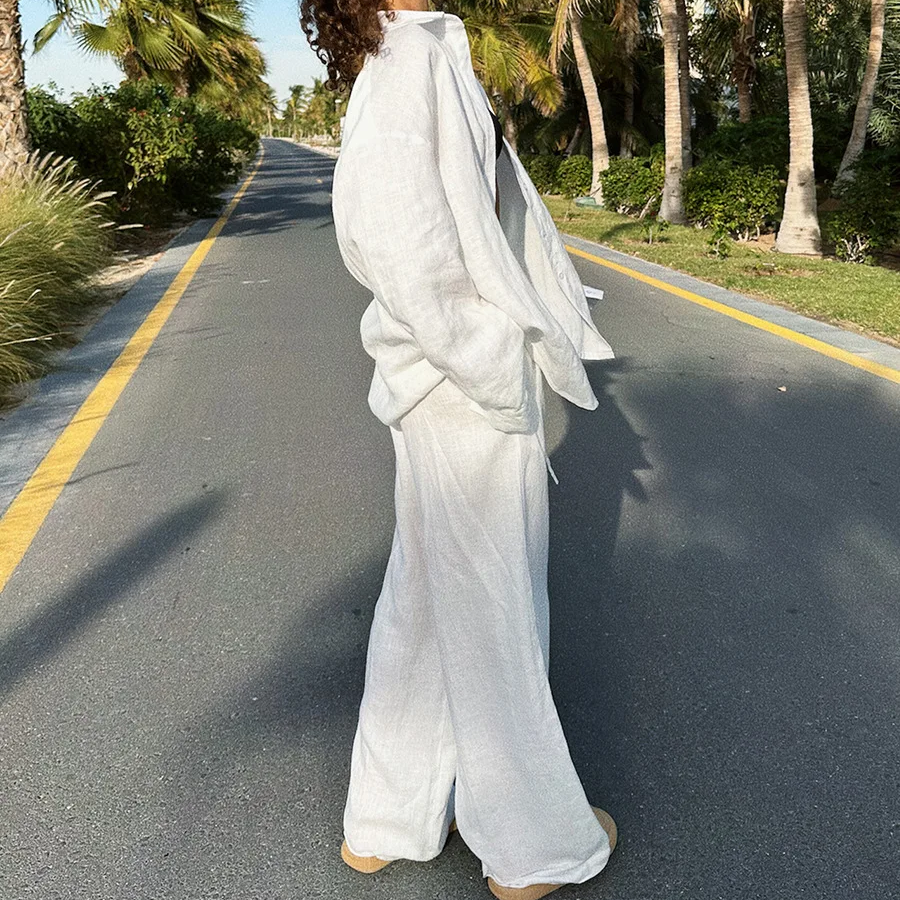 Solid Cotton Two-Piece Lounge Set for Women – Lapel Shirt and High Waist Wide Leg Pants