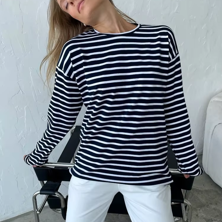 Women's Long Sleeve Striped T-Shirt – Casual Loose Cotton Tee Top for Spring Summer