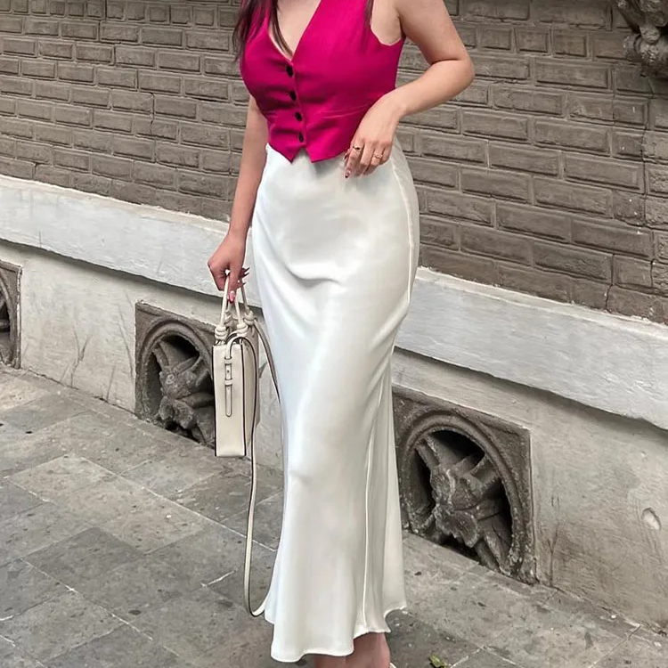 Solid Satin Mermaid Skirt – Women's Elegant Slim Fit Ankle-Length Beach Style Skirt