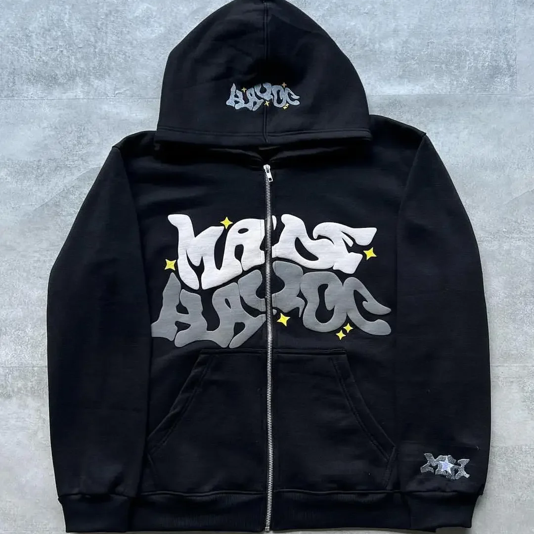Y2K Star & Letter Print Zip-Up Hoodie – Unisex American Retro Style Thick Hooded Jacket for Spring & Autumn Casual Streetwear
