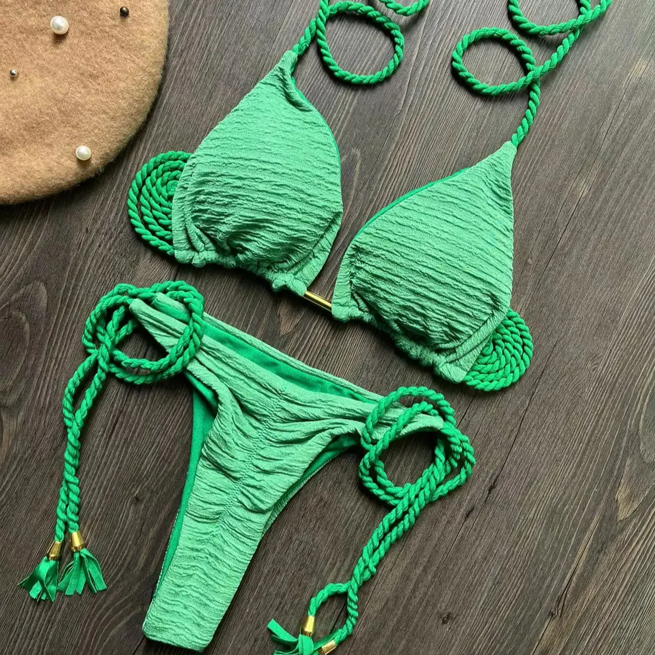 Women’s Braided Rope Bikini Set – Sexy Brazilian Swimsuit with Solid and Plant Print Options, Wire-Free Strap Design for Beach Style