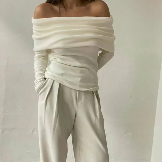 Women's One-Shoulder Knitted Sweater – Slimming Pullover with Long Sleeves, Solid Color High Street Style