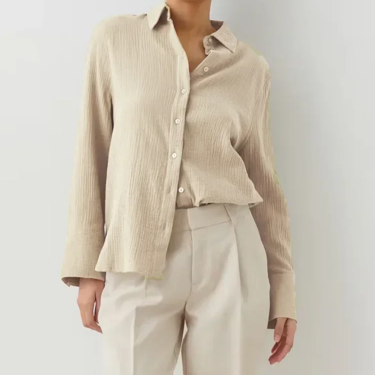 Women's 100% Cotton Long Sleeve Crepe Shirt – Casual Office Style Button-Up Top