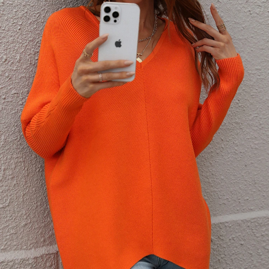 Women's V-Neck Knit Pullover – Loose-Fit Solid Sweater for Autumn and Winter