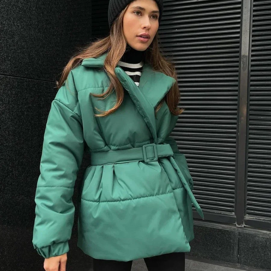 Women's Cotton Puffer Jacket – Belted Quilted Parka Coat for Winter, Warm Vintage-Inspired Outerwear