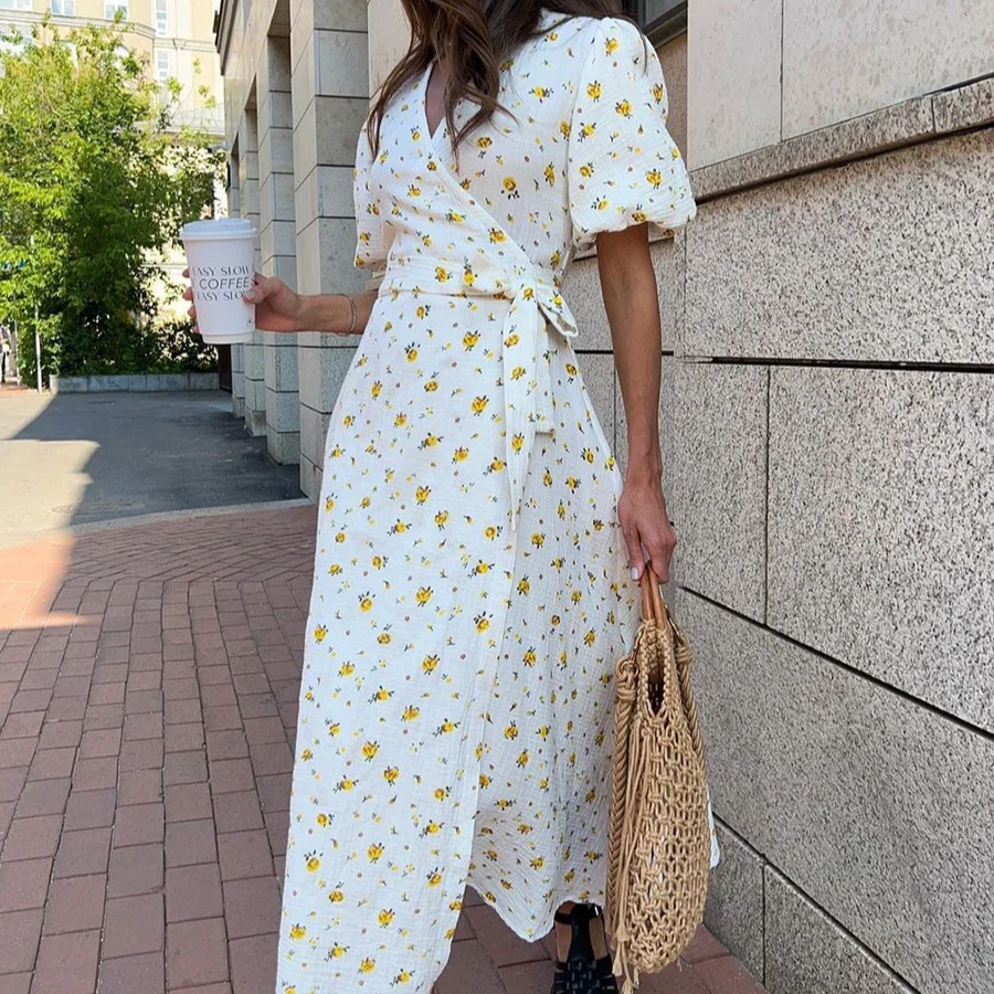 Women's Printed Cotton V-Neck Dress – Lace-Up Waist, Short Sleeve, Long Casual Summer Dress
