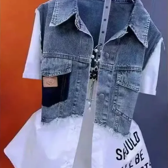 Women's Fake Two-Piece Denim Shirt Jacket – Casual Striped Patchwork Button Down Top with Short Sleeves
