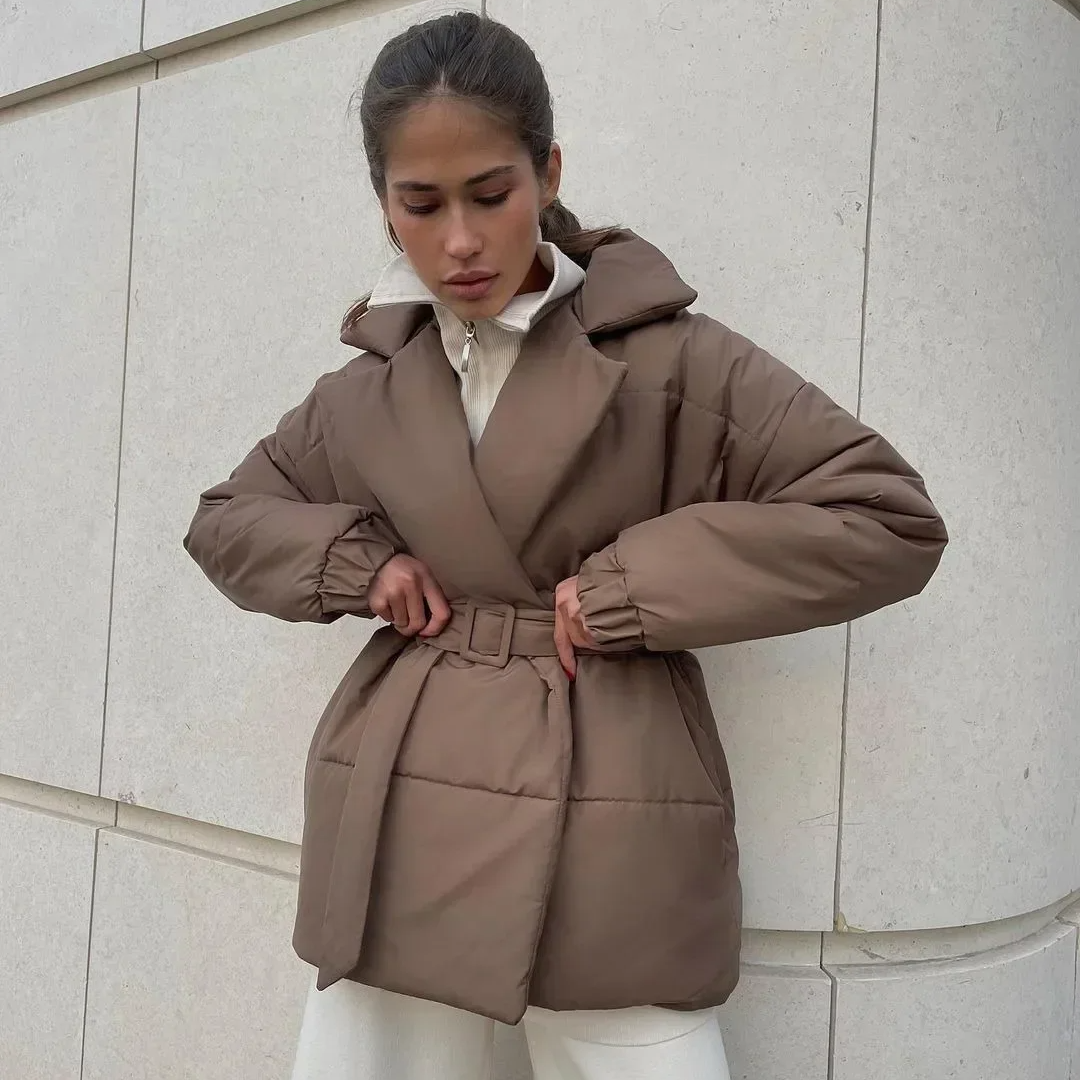 Women's Cotton Puffer Jacket – Belted Quilted Parka Coat for Winter, Warm Vintage-Inspired Outerwear