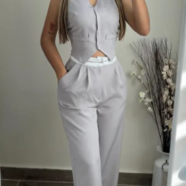 Women's Elegant Two-Piece Set – V-Neck Buttoned Sleeveless Vest & High-Waist Straight Pants with Pockets