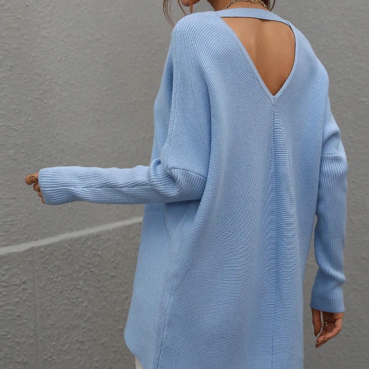 Women's V-Neck Knit Pullover – Loose-Fit Solid Sweater for Autumn and Winter