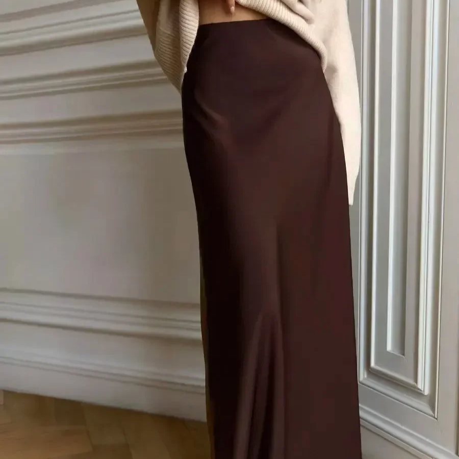 Women's Satin Fishtail Maxi Skirt – High Waist Loose Fit Elegant Trumpet Silhouette for Spring and Summer Casual Fashion