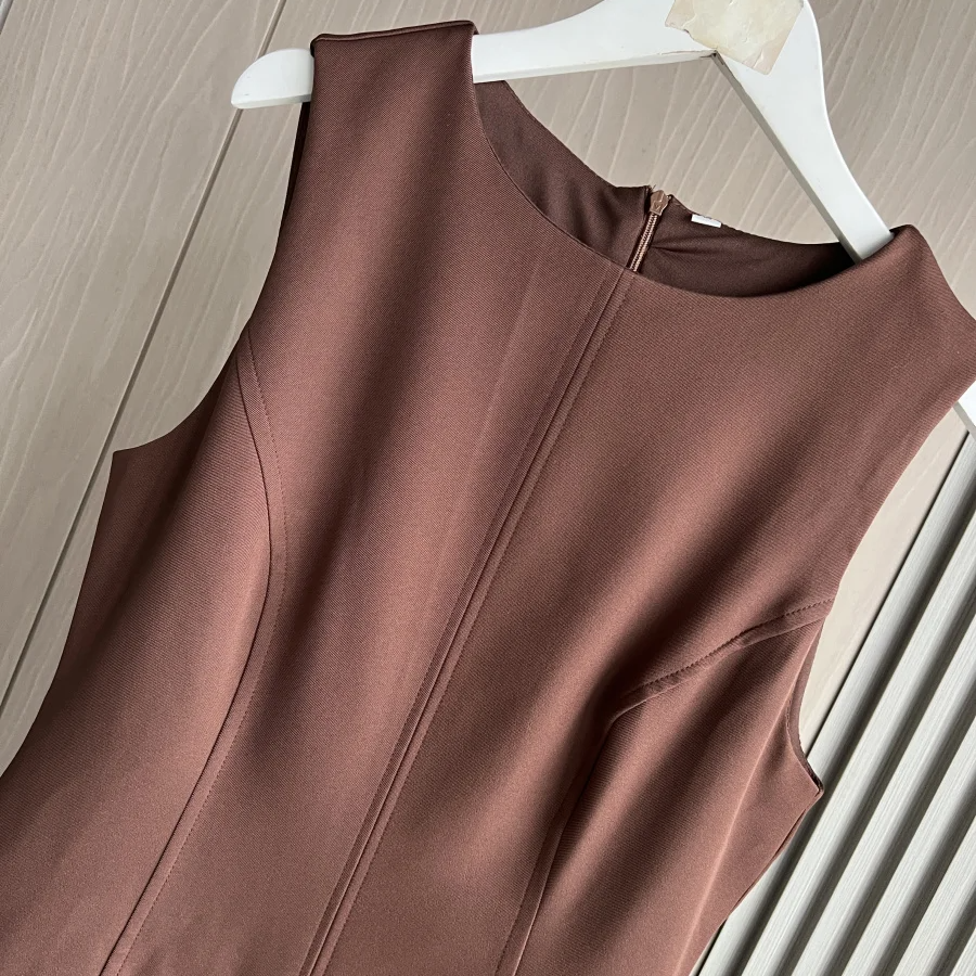 Brown Sleeveless 3D Cutout Mini Dress with Pleated Skirt and Round Neck