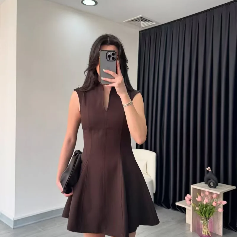 Women's Sleeveless V-Neck Mini Dress – Classic Black Crepe A-Line Party Dress