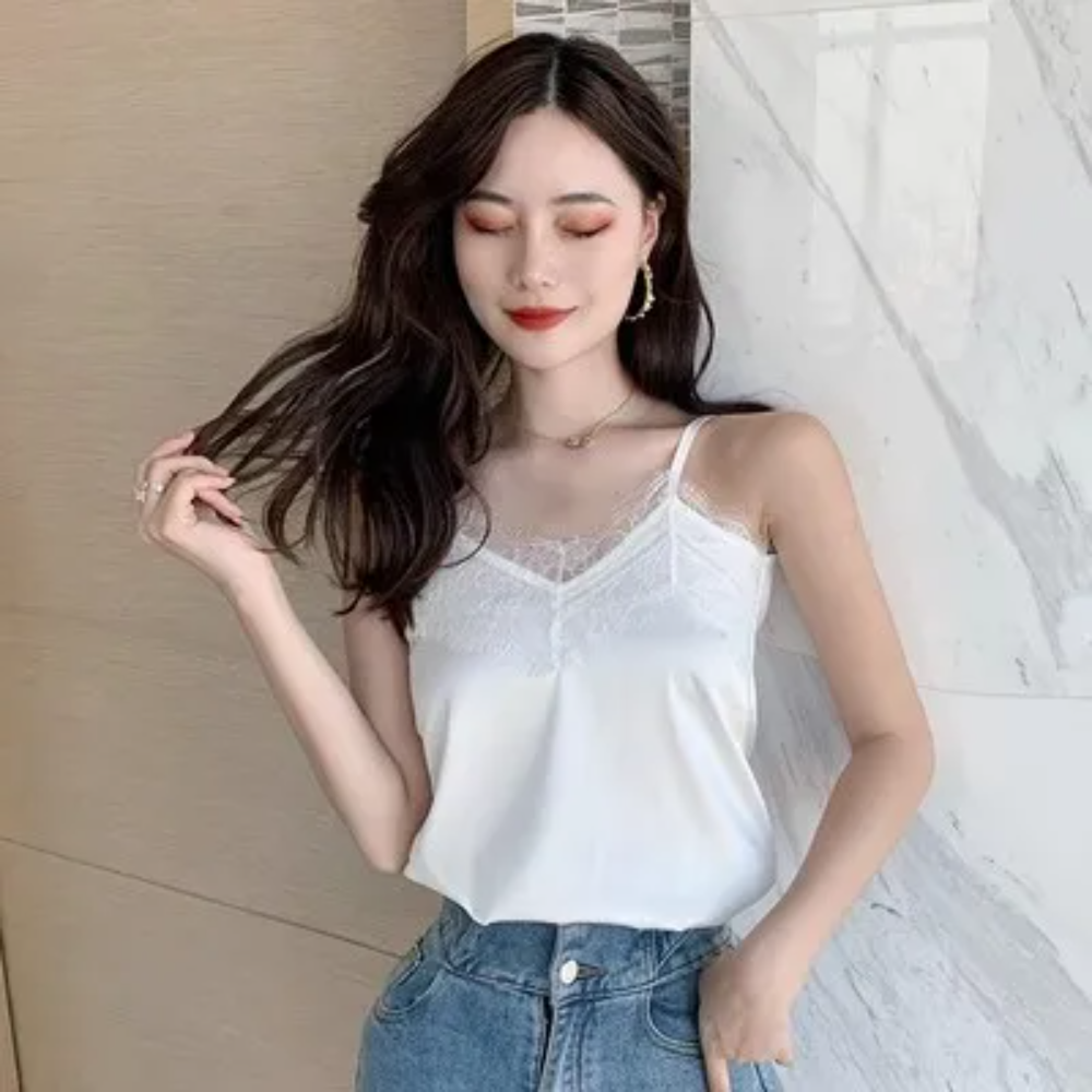 Summer Lace V-Neck Silk Tank Top – Women's Slim Fit Chiffon Camis Blouse for Office or Casual Wear