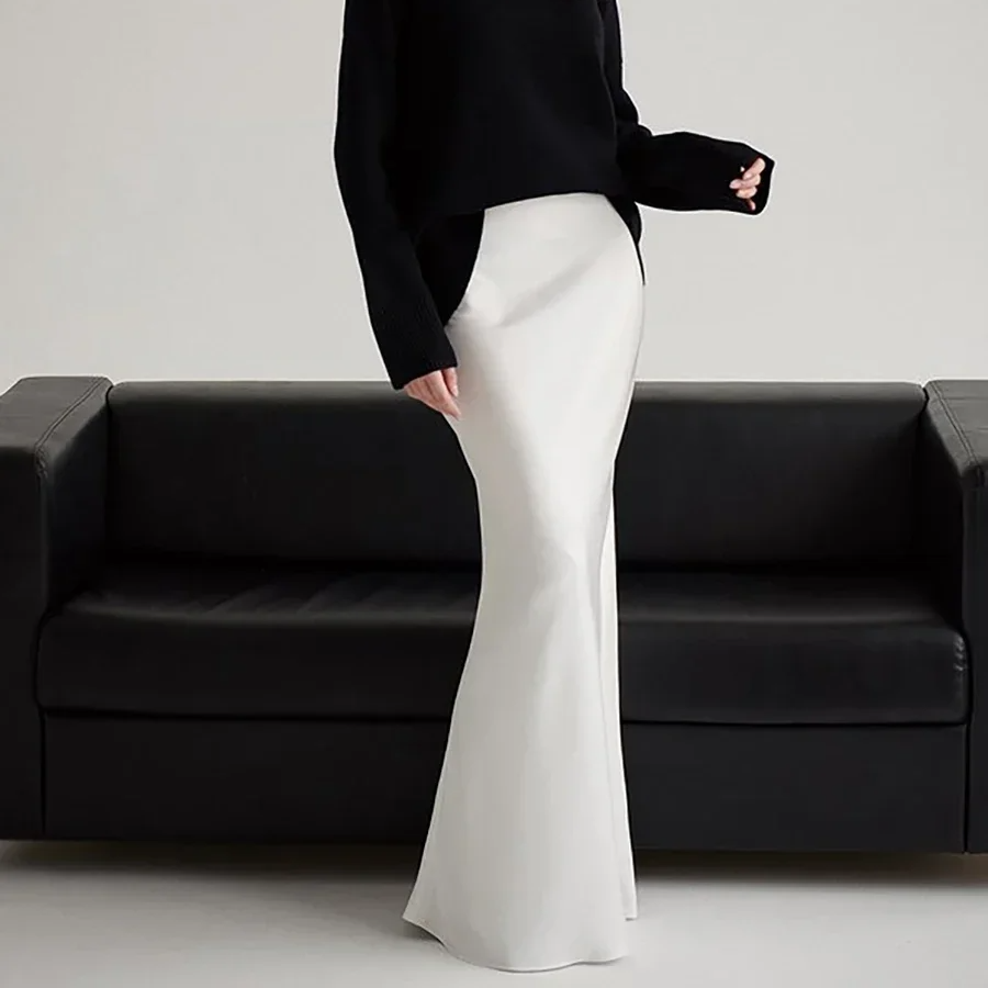 Women's Satin Fishtail Maxi Skirt – High Waist Loose Fit Elegant Trumpet Silhouette for Spring and Summer Casual Fashion
