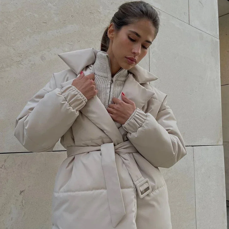 Women's Cotton Puffer Jacket – Belted Quilted Parka Coat for Winter, Warm Vintage-Inspired Outerwear