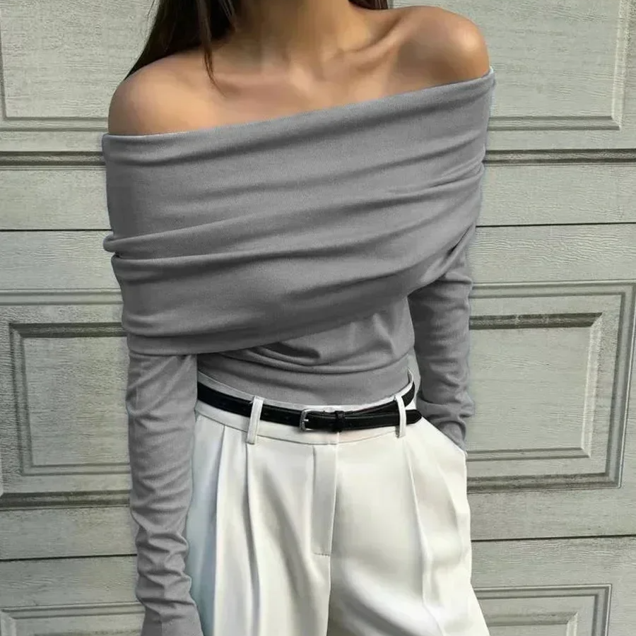 Women's One-Shoulder Knitted Sweater – Slimming Pullover with Long Sleeves, Solid Color High Street Style