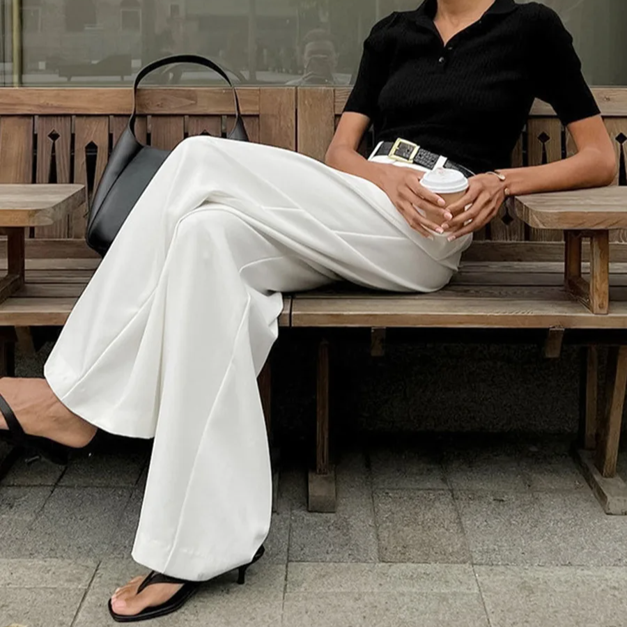 Women's White High-Waist Wide Leg Trousers – Casual Office Style Loose-Fit Pants