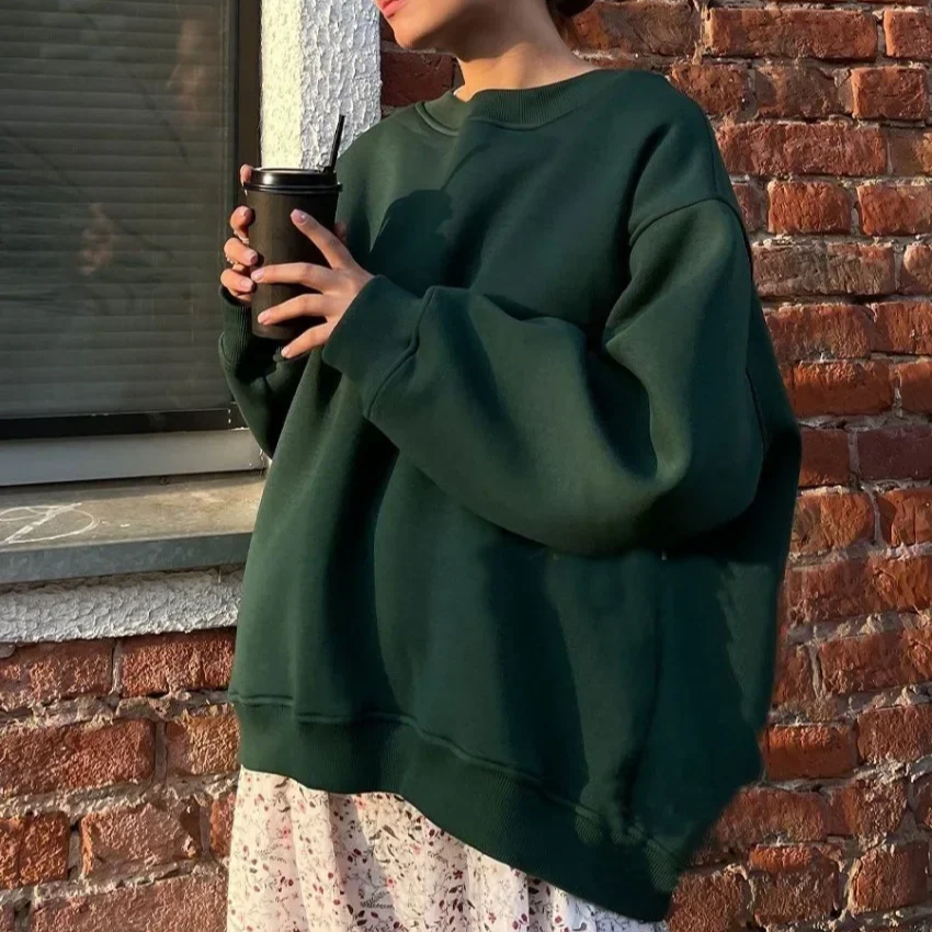 Women's Oversized Fleece Pullover Sweatshirt – Warm Thick Casual Long Sleeve Top for Autumn and Winter Streetwear