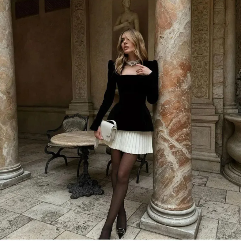 Velvet Spliced Mini Dress – Square Neck Long Sleeve High Waist Elegant A-Line Party Dress for Women Autumn Winter