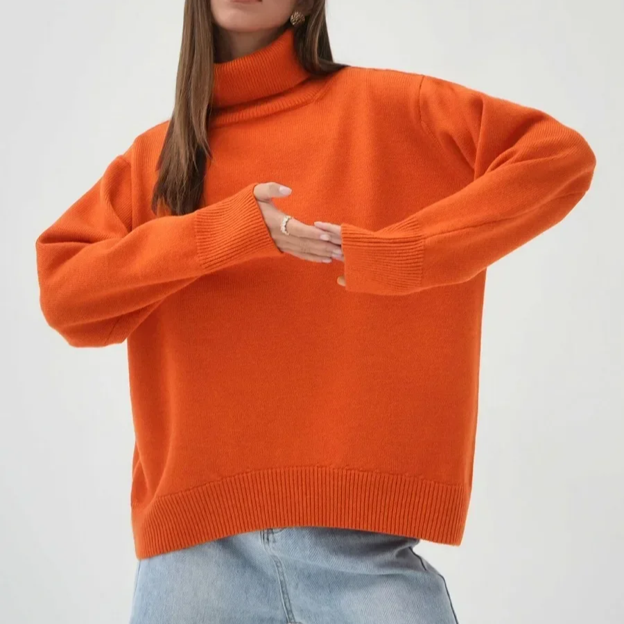 Women's Oversized Turtleneck Sweater – Thick Knit Casual Pullover for Autumn Winter