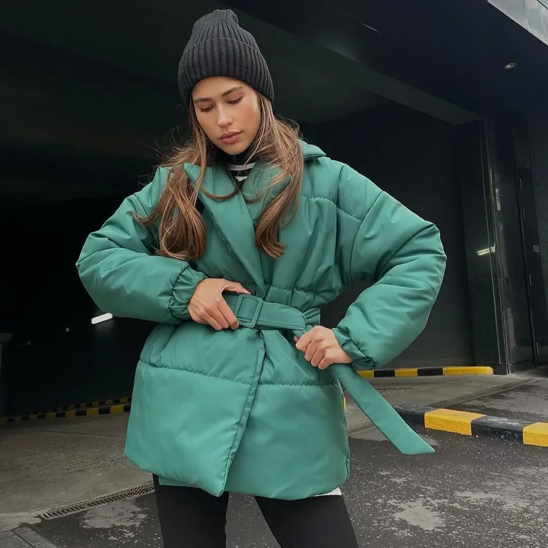 Women's Cotton Puffer Jacket – Belted Quilted Parka Coat for Winter, Warm Vintage-Inspired Outerwear