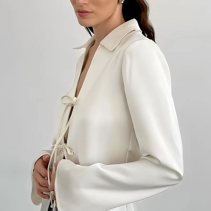 Solid Color Casual Chiffon Blouse – Long Sleeve Loose Fit Shirt with Bow Buttons for Women