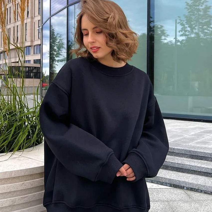 Women's Oversized Fleece Pullover Sweatshirt – Warm Thick Casual Long Sleeve Top for Autumn and Winter Streetwear