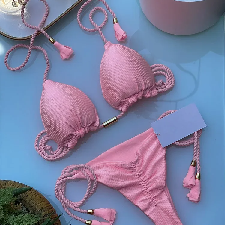 Women’s Solid Color Rope Bikini Set – Multicolor Two-Piece Swimsuit with Special Fabric, Wire-Free Beach Style Swimwear