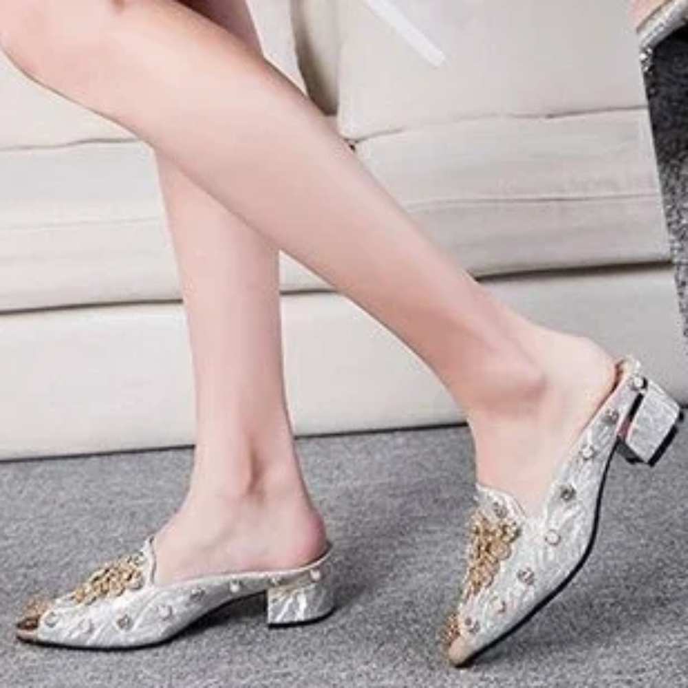 Women’s Rhinestone Mules – Elegant Summer Slip-On Sandals with Square Heels, Luxury Mirror Design for Parties and Fashion Outfits