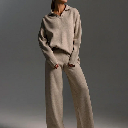 Women's Winter 2-Piece Knit Set – Polo Neck Sweater and Wide Leg Pants Lounge Outfit for Cold Weather