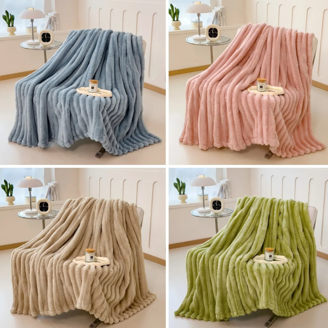 Solid Color Thickened Striped Blanket – Multifunctional Polyester Cover for Bed, Sofa, Naps, and Pets