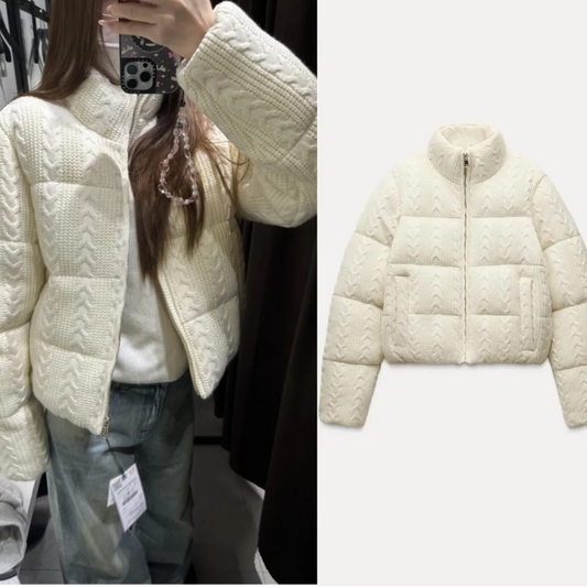 White Turtleneck Thick Knit Cotton Jacket – Elegant Wide-Waisted Puffer Coat