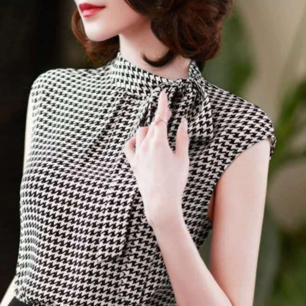 Women's Summer Sleeveless Chiffon Blouse – Korean Houndstooth Print with Bow Lacing and Stand Collar