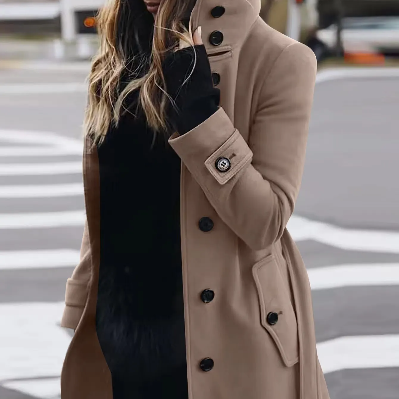 Women's Long Warm Coat – Turn-down Collar Thick Autumn Winter Jacket with Single Breasted Closure
