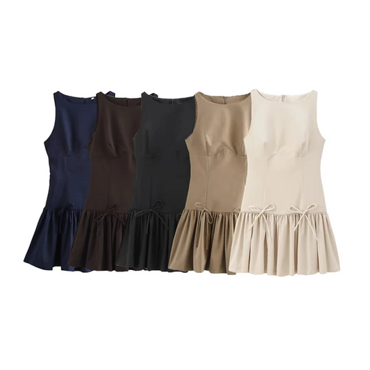 Chic Ruffled Mini Dress with Bows – Sleeveless O-Neck Casual A-Line Dress for Women