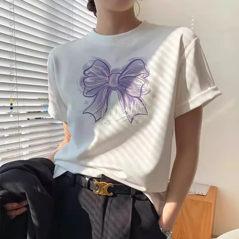 Summer Cotton Printed O-Neck T-Shirt for Women – Korean Y2K Style Casual Short Sleeve Loose Fit Tee