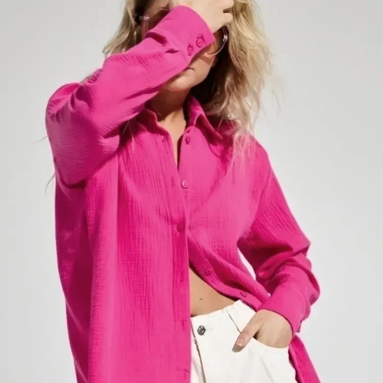 Women's 100% Cotton Long Sleeve Crepe Shirt – Casual Office Style Button-Up Top