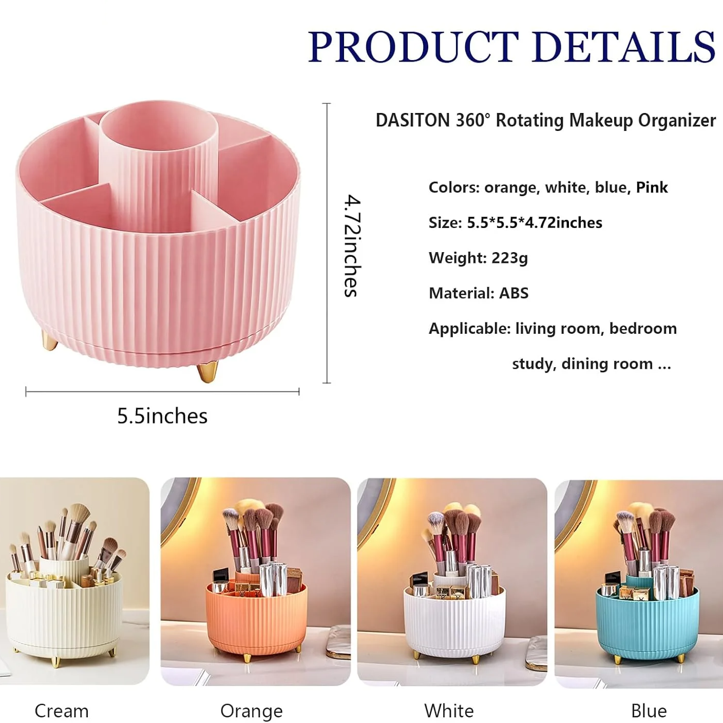 360° Rotating Makeup Organizer Box – Multi-Compartment Brush & Lipstick Holder with Vertical Stripe Design