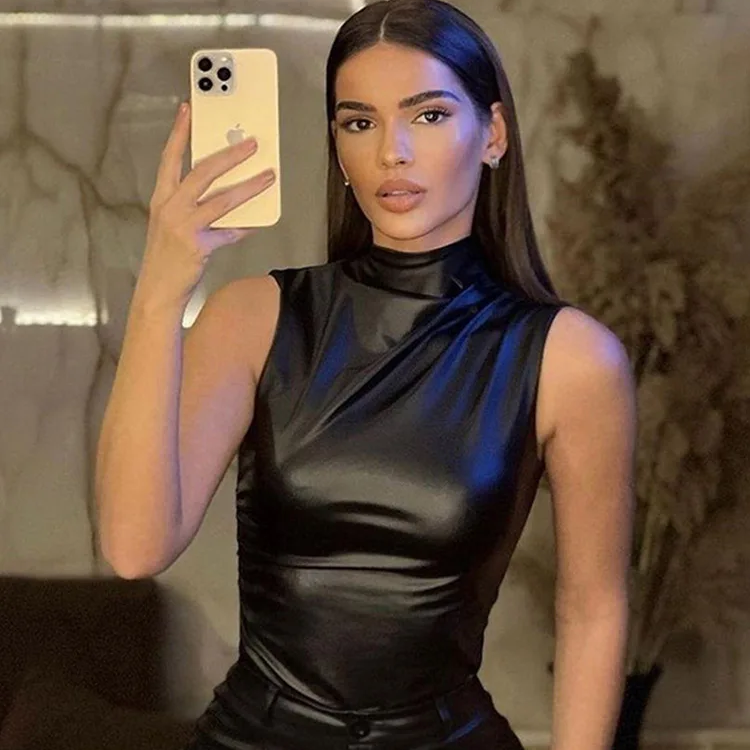 Women's Y2K Vintage PU Tank Top – Asymmetrical Slash Cut Sleeveless Crop Shirt for Summer Streetwear and Club Outfits